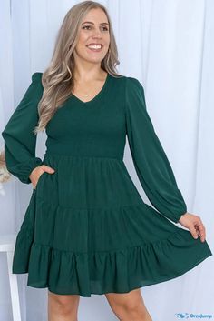 OrcaJump - Plus Size Green Puff Sleeve Smocked Dress Long Sleeve Dresses Fall, Midi Dress Work, Midi Dress Fall, Short Sleeve Summer Dresses, Flowy Midi Dress, Short Summer Dresses, Smocked Dress, Green Midi Dress, Plus Dresses