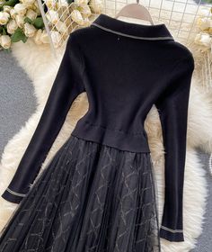 Elegant Knitted Tulle Splicing Dress P319 Fabric: blended Color: black Size(cm): S, M S length 120 bust 80-120 waist 80-106 sleeve length 54 M length 121 bust 84-124 waist 84-110 sleeve length 55 Long Sleeve Spliced Evening Dresses, Black Fake Two-piece Dress For Fall, Fitted Black Dress With Splicing, Black Spliced Dress For Party, Black Splicing Party Dress, Black Spliced Party Dress, Elegant Stretch Dresses With Patchwork, Black Spliced Dresses For Winter, Black Two-piece Style Dress For Winter