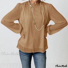 Olivia Mark - Double-Layered, Long-Sleeved Chiffon Top in a Solid Color with a Sweet and Romantic Design Loose Dress Pattern, Women Chiffon Blouse, Layered Long Sleeve, Traje Casual, Chiffon Long Sleeve, Plus Size Top, Collar Designs, Chiffon Blouse, Work Blouse