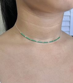 "This is a beautiful and delicate beads necklace. The vibrant emerald green for good fortune and positive energy.  It can be ordered in a different combination if you wish. Please message me for any special request.  It is on a Sterling Silver beading chain and can be layered with other jewelry.    Description: > Bead Style: Miyuki delica beads  > Finish: Sterling silver .925 > Length options : 13\", 14\", 15\", 16\", 17\", 18\" inch. Please contact me for any other size options.   A anti- tarni Green Jewelry With Adjustable Chain And Round Beads, Green Jewelry With Round Beads And Adjustable Chain, Green Necklace With Adjustable Chain For May Birthstone, Green Emerald Necklace With Adjustable Chain, Green Necklaces With Adjustable Chain And Round Beads, Green Beaded Chain Crystal Necklace Gift, Green Jade Beaded Chain Necklace, Green Minimalist Beaded Chain Jewelry, Minimalist Green Beaded Chain Jewelry