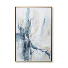 an abstract painting with blue and white colors on the canvas, framed in gold frame