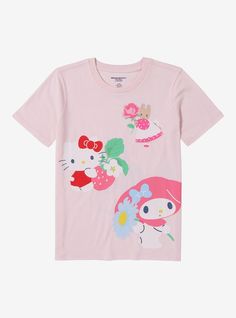 Show off your Sanrio style with this tee! The pastel pink shirt features prints of Hello Kitty and My Melody clutching flowers and fruit--an adorable base for any outfit. A BoxLunch Exclusive! Sanrio Shirt, Pastel Pink Shirt, Hello Kitty And My Melody, Sanrio Merch, Sanrio Style, Sanrio Clothes, Dr Wardrobe, Tee Bag, Sanrio Stuff