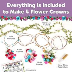 Buy Creativity for Kids Flower Crowns Kit at Michaels. com. Transform colorful paper blooms into beautiful handmade flower crowns with this hair accessory kit! Fabulous fabrics, trendy textiles and fun embellishments - dream up your own designer originals. Flower Crowns is perfect for every day bohemian style, special occasions and even flower girl gifts! For younger girls, wear this special crown as you are transformed into your own magical environment. It’s fun to make: twist realistic paper r Kids Flower Crown, Gold Glitter Paint, Fabric Leaf, Handmade Flower Crown, Accessories Craft, Diy Flower Crown, Crown Crafts, Flower Crown Hairstyle, Fabric Garland