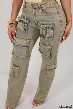 Olivia Mark - Classic Mid-Waist Straight Denim Jeans with Vintage Patchwork Design and Functional Pockets Non-stretch Denim Utility Cargo Jeans, Fitted Denim Cargo Jeans With Patch Pockets, Non-stretch Denim Utility Pants, Fitted Washed Utility Jeans, Non-stretch High Waist Cargo Jeans, Non-stretch High-rise Cargo Jeans, High Waist Non-stretch Cargo Jeans With Pockets, Non-stretch Utility Denim Jeans, Non-stretch Denim Utility Jeans