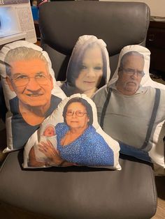 four pillows with pictures of people on them in the shape of an elderly man and woman