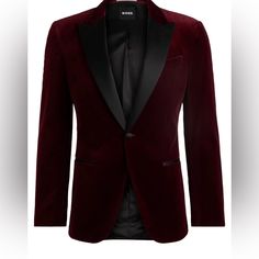 An Elegant Tuxedo Jacket By Boss Menswear. Securing With A Single-Button Closure, This Refined Tuxedo Jacket Is Designed In Soft Velvet Made From Pure Cotton. Silk-Blend Accents Add An Elevated Touch To This Slim-Fitting Piece. 100% Cotton, Lining: 100% Viscose, Facing: 78% Silk, 22% Polyester, Sleeve Lining: 100% Viscose, Pocketing: 100% Cotton The Model Wears A Size 38r And Is 6'1" Tall With A, 37" Chest, 29" Waist And 35" Hips. Formal Red Outerwear With Hidden Button Closure, Red Formal Outerwear With Hidden Button Closure, Fitted Long Sleeve Tuxedo With Pockets, Slim Fit Long-sleeved Formal Outerwear, Tuxedo Style Outerwear With Single Button, Slim Fit Single Button Winter Outerwear, Winter Slim Fit Single Button Outerwear, Red Winter Outerwear For Semi-formal Occasions, Formal Tuxedo Outerwear With Pockets