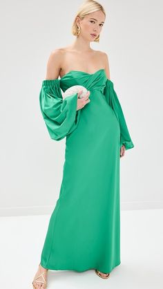 Significant Other Danika Off Shoulder Dress | Shopbop All Green Outfit, Tiny Tim, Emerald Dresses, Color Crush, Long Puff Sleeves, Festival Dress, Stretch Satin, Cream Dress, China Fashion