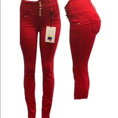 Brand New Stretch Push Up Colombian Skinny Jeans...83%Cotton,14%Polyester,3% Spandex...Rise:11” Trendy Red Bottoms With Button Closure, Red High Waist Bottoms With Button Closure, Fitted Red Jeans With Pockets, Red High-waist Bottoms With Button Closure, Cheap Mid-rise Red Jeans, Red Mid-rise Jeans With Five Pockets, Red Push-up Bra With Padded Cups, Red Stretch Push-up Bra, Red High