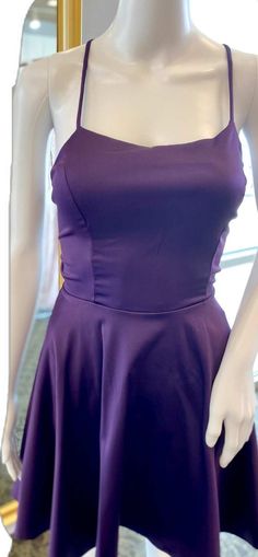 A-Line Purple Lace-Up Short Satin Homecoming Dresses Purple A-line Evening Dress For Bridesmaids, Fitted A-line Dress For Prom Season, Satin Dress With Fitted Bodice For Homecoming, Mini Length Satin Dresses For Banquet, Purple A-line Fit And Flare Dress, Purple A-line Dress For Banquet, Purple A-line Banquet Dress, A-line Satin Gown For Homecoming, Stretch A-line Dress For Wedding