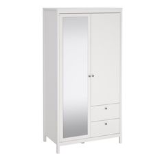 a white armoire with mirrored doors and drawers on the bottom shelf, against a white background