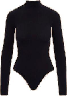 Black Second-skin Turtleneck Bodysuit, Chic Minimal Stretch Bodysuit For Night Out, Chic Bodysuit With Minimal Stretch For Night Out, Classic Fitted Bodysuit For Workwear, Classic Black Stretch Bodysuit, Elegant High Stretch Bodysuit For Workwear, Elegant High Neck Elastane Bodysuit, Elegant High Neck Bodysuit In Elastane, Elegant Second-skin Bodysuit For Work