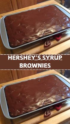 two pans filled with brownies sitting on top of a wooden counter next to each other