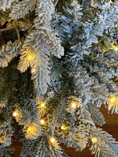 a close up of a christmas tree with white and yellow lights on it's branches