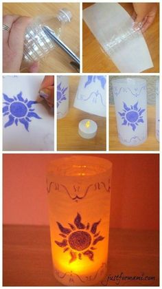 several pictures showing how to make a candle holder with paper towels and glue on it