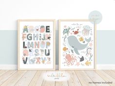 two children's wall art prints, one with an elephant and the other with sea animals