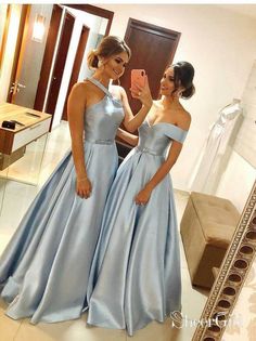 split Cheap light blue mismatched bridesmaid dresses. It can be made in other colors(Color Chart),please leave the color number in cart note or contact us. 1.Silhouette: A Line 2.Fabric:Satin 3.Embellishment:Belt 4.Neckline:Halter/Off the Shoulder 5.Sleeve:Sleeveless 6.Waistline: Natural 7.Hem-length: Floor Length 8.Back Details: Zipper 9.Fully Lined: Yes 10.Built-In Bra: Yes 11.Boning: Yes 12.Picture Color: Sky Blue(For other colors, please check our Color Chart) Barnyard Wedding, Prom Dress A Line, Satin Evening Dress, Mismatched Bridesmaid Dresses, Shiny Dresses, Satin Evening Dresses, Mexican Wedding, Long Prom Dress, Strapless Dress Formal