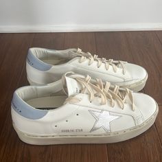 Golden Goose Hi Star Silver Star And Baby Blue Heel. Purchased From Neiman Marcus. Never Worn Size 40 Blue Golden Goose, Baby Blue Heels, Golden Goose Hi Star, Star Silver, Goose Shoes, Golden Goose Shoes, Blue Heels, Star Sneakers, Golden Goose