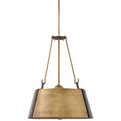 a light fixture hanging from the ceiling with a gold shade on it's side