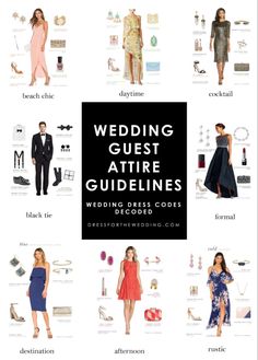 the wedding guest attire guide for brides and grooms is shown in this image