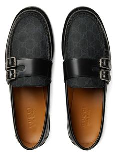 Step out in style and comfort with these leather loafers. The GG jacquard fabric detail and lateral silver buckles add a touch of elegance to any outfit, while the round toeline ensures a comfortable fit all day long. Made of 100% calf leather for durability and a luxurious feel Stylish and versatile design that pairs well with both casual and formal attire Provides a sophisticated look without sacrificing comfort | Gucci Men's Leather Loafers in Black | Size UK 7 | 76231217X30 Color 1000 Black Lace Up Shoes, Black Leather Loafers, Mens Black Leather, Leather Cap, Gucci Men, Beach Tote Bags, Jacquard Fabric, Leather Items, Leather Loafers