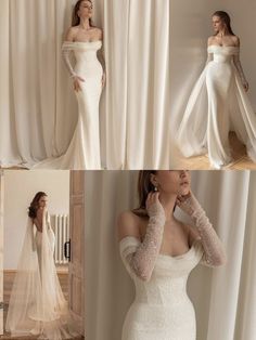 the bride is posing in her wedding dress and wearing an off - shoulder gown with long sleeves