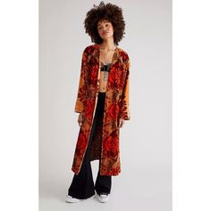 New Free People Mirabella Duster Size M/L 25% Polyamide, 75% Viscose Light Weight Print Is Absolutely Stunning ! Add A Timeless Touch Of Texture To Any Look With This Essential Duster Featured In A Staple Longline Silhouette And Stunning Printed Velvet Fabrication For Added Dimension. Drapey, Relaxed Fit Side Slits At Bottom Contrast Lining Approximate Measurements Shoulders, Seam To Seam - 21 Inches Bust - 22 Inches Length - 48 Inches Label Has Been Marked To Prevent Store Returns Thanks Long Orange Outerwear For Spring, Long Orange Spring Outerwear, Long Orange Outerwear For Fall, Orange Bohemian Outerwear For Fall, Orange Bohemian Fall Outerwear, Printed Velvet, Free People Jacket, Orange Gold, Long A Line