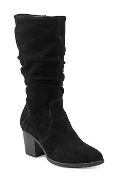 Wrapped in soft suede with a satisfying slouch, this side-zip boot is framed by an almond toe and stacked heel for a dash of rugged flair. 2 1/2" heel   11" shaft; 13 3/4" calf circumference. Narrow calf   Cushioned footbed with arch support   Leather upper/synthetic and textile lining/synthetic sole   Imported   One or more major components contains at least 50% leather sourced from a tannery that has achieved a Leather Working Group rating for its energy use, waste production and water treatme Side Zip Boots, Slouched Boots, Western Cowboy Boots, Designer Boots, Penny Loafers, Soft Suede, Casual Boots, Stacked Heel, Boots Black