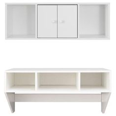 a white shelf with two open doors and one closed door on the side, against a white background