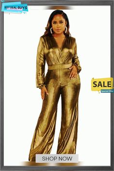 Sparkly Long Sleeve Wide Leg Jumpsuits Chic V-neck Jumpsuits And Rompers For Winter, Elegant Long Sleeve Non-stretch Bodysuit, Elegant Long Sleeve Non-stretch Jumpsuits And Rompers, Gold Stretch Jumpsuits And Rompers For Party, Elegant Stretch Jumpsuits And Rompers For Fall, Glamorous Fitted Gold Jumpsuits And Rompers, Chic Long Sleeve Bodysuit For Party Season, Glamorous Long Sleeve Bodysuit For Spring, Gold Long Sleeve Bodysuit For Night Out