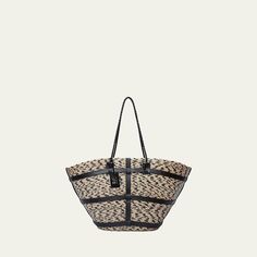 Altuzarra tote bag in woven natural palm leaf and cactus leather Braided shoulder straps  Approx. 13.5"H x 25"W x 11.5"D "Watermill" is made in Mexico Beige Bucket Bag With Intrecciato Weave For Vacation, Luxury Woven Leather Bucket Bag For Vacation, Natural Bucket Bag With Intrecciato Weave, Luxury Handwoven Straw Bag With Double Handle, Luxury Handwoven Double Handle Straw Bag, Black Straw Bag With Intrecciato Weave For Shopping, Beige Basket Bag With Intrecciato Weave, Black Straw Shopping Bag With Intrecciato Weave, Rectangular Natural Bucket Bag With Intrecciato Weave