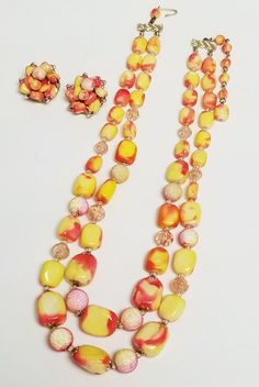 Vintage Orange Jewelry With Matching Earrings, Retro Multicolor Jewelry With Matching Earrings, Carmen Miranda, Clip Earrings, Strand Necklace, Fruit Salad, Clip On Earrings, Beaded Necklace, Take That