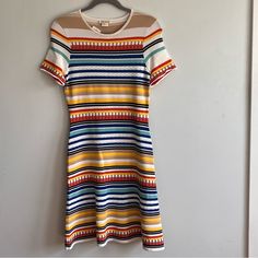 Nwt, Shoshanna Gorgeous Knit Dress, Size Small. There Are White, Black, Orange, Yellow, Blue, Taupe, Stripes. Multi Patterned Fun Dress. Measures Approximately 38 1/2 Inches Shoulder Seam To Bottom Of Dress. 65% Viscose 35% Nylon White Knit Dress With Short Sleeves, White Knit Short Sleeve Dress, Fitted Striped Knit Dress, Strapless Sheath Dress, Silver Metallic Dress, Multicolor Knit, Watercolor Dress, Ivory Lace Dress, Embroidered Midi Dress