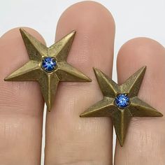 VTG ART DECO BRASS STAR BLUE CRYSTAL STUD EARRINGS SCREW-ON | eBay Luxury Star-shaped Earrings For Parties, Blue Star Sapphire Earrings, Adjustable Vintage Star-shaped Jewelry, Luxury Blue Star-shaped Jewelry, Vintage Blue Brass Earrings, Star Blue, Crystal Stud Earrings, Blue Crystals, Screw