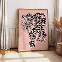 a black and white drawing of a leopard on a pink background in front of a wall