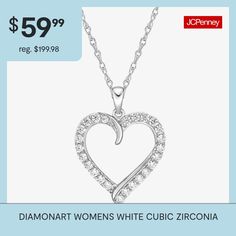 Features: Quick ShipJewelry Closure: Spring Ring ClaspLink Construction: SolidSetting: ProngShape: HeartStone Cut: RoundMetal Color: WhiteChain Length: 18 InchPendant Length: 27mmPendant Width: 19.3mmChain Construction: RopeCare: Wipe CleanStone Type: 25 Cubic ZirconiaMetal: Sterling SilverNecklace Type: Pendant NecklacesCountry of Origin: Imported Formal Heart Necklace In Cubic Zirconia, Wedding Heart Necklace In Diamond White, White Cubic Zirconia Open Heart Jewelry, White Diamond Necklace For Valentine's Day Gift, Diamond Cut Necklaces For Mother's Day, Formal Heart Cut Necklace, Valentine's Day Gift Diamond Necklace, Sterling Silver Heart Pendant Diamond Necklace, White Jewelry With Diamond Accents For Valentine's Day