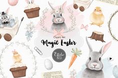 watercolor easter clipart set with bunnies, carrots and rabbits