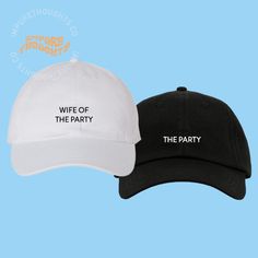 "To ADD CUSTOM DATES to the BACK of the hat, you must PURCHASE THE LINK BELOW: https://www.etsy.com/listing/864578454/ UNISEX Fit \"DAD HAT\" Style Cap UNSTRUCTURED, Six-panel & Low-Profile Lightweight, Soft & Breathable 100% Cotton Twill Adjustable Buckle Closure, One size fits most Made to Order by Impure Thoughts Hat Co.  Select your own custom Dad Hat colors: Pick your Hat Color and Text Color from the drop down menus. Your order will be fulfilled with the color choices you selected. Color examples are provided in the photos.  Definition of Dad Hat: A dad hat is a baseball cap that's made of soft canvas or cotton twill; it's unlined, unstructured and has a slightly curved brim. The fit is relaxed and adjustable. They are not trucker, snapback, structured or flat brim caps.  To DESIGN Y Wife Of The Party, Dad Definition, Black Baseball Cap, Birthday Weekend, Hat Style, Bachelorette Weekend, Baseball Hat, Dad Hat, Baseball Caps