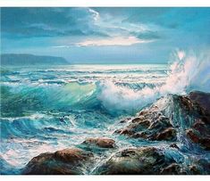 an oil painting of waves crashing on rocks