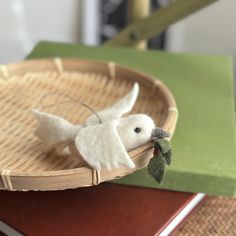 a small white bird sitting on top of a wooden tray