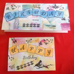 two birthday cards with the words happy written on them