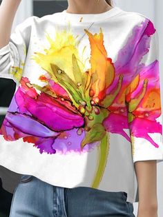 Print Tops For Women, Paint Shirt, Fabric Paint Shirt, Shirting Fabric, Woman Personality, Silk Scarf Painting, Stylish Plus, Outfit Combinations, Fabric Paint