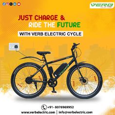 an advertisement for the electric bicycle company, just charge & ride the future with veb electric cycle