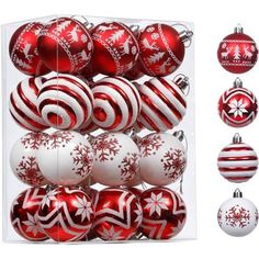 red and white christmas ornaments in a clear display case on a white background with snowflakes