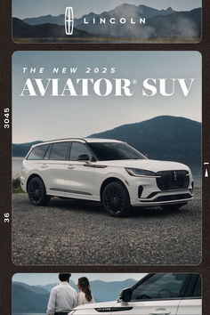 an advertisement for the new lincoln suv is shown in three different colors, including black and white