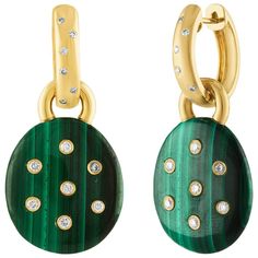 Stunning Charm Earrings The earrings are 14K Yellow Gold There are 0.36 Carats in Diamonds G SI on the hoops The earrings have round Malachite Disk charms The charms are hanging on gold hoops and can be removed The hoops can be worn by themselves or add other charms The earrings are 1.50" L x 0.75" Wide The earrings weigh 14.2 grams Luxury Yellow Gold Dangle Hoop Earrings, Luxury Dangle Hoop Earrings, Malachite Earrings, Vintage Drop Earrings, Earrings 3, Dangle Charms, Gold Hoops, Charm Earrings, White Diamond