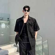 Black Outlined Short Sleeves Shirt | Jungkook - BTS Black L Black Shirt With Pockets For Work, Trendy Black Tops With Pockets, Modern Black Summer Shirt, Black Urban Tops With Pockets, Urban Black Tops With Pockets, Black Urban Top With Pockets, Urban Black Top With Pockets, Black Shirt For Spring Streetwear, Modern Black Shirt For Spring