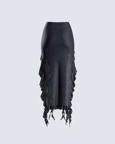 Owning an entire room has never been easier 😏 Rock your darker side with this sultry black jersey skirt. Complete with a high-waisted fit, shirring at the waist and hips, and front cutout detailing with a cascading ruffle hem 🖤 Black Stretch Elastane Maxi Skirt, Edgy Black Flowy Skirt, Black Ruched Maxi Skirt For Summer, Gothic Stretch Bottoms For Evening, Chic Stretch Black Draped Skirt, Chic Black Draped Stretch Skirt, Black Stretch Draped Skirt For Night Out, Black Long Elastane Skirt, Chic Black Draped Skirt With Stretch