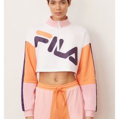 This One-Of-A-Kind Sweatshirt Features A Bold, Feminine Look Thanks To The Cropped Cut And Multicolor Block. A Half-Zip And Oversized Fila Logo Make It Stand Out Even More. Brushed Back Fleece: 80% Cotton/ 20% Polyester Mesh: 100% Polyester Fila Printed Chest Logo Half Zip Front Rib Funnel Neck With Ring Puller Mesh Inserts On Sleeves Rib Cuffs. 90s Fashion Party, Pullover Half Zip, Fila Logo, Quarter Zip Hoodie, Purple Sweatshirt, Cropped Sweatshirt, Hooded Shirt, Workout Sweatshirt, Feminine Look