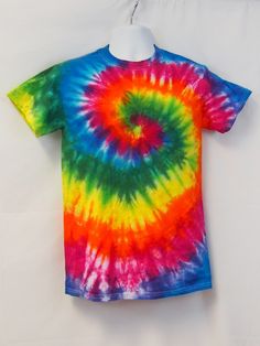 This 100% cotton tee is hand dyed and preshrunk.  We use fiber reactive dyes that won't fade or run so your tee will stay brilliant for years! Summer Tie Dye T-shirt With Rainbow Print, Cotton Tie Dye T-shirt With Rainbow Print, Fun Acid Wash Pre-shrunk T-shirt, Summer Acid Wash Hand Dyed T-shirt, Rainbow Cotton Shirt For Summer, Pre-washed Crew Neck T-shirt For Summer, Fun Tie-dye Pre-shrunk Top, Fun Tie Dye Pre-shrunk Top, Fun Pre-shrunk Tie Dye Top