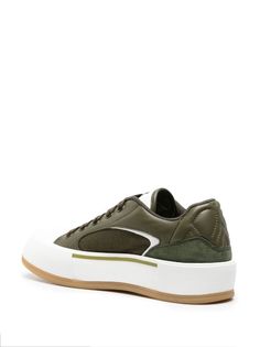 Alexander McQueen Deck Plimsoll Leather Sneakers - Farfetch Green Low-top Sneakers With Rubber Heel Cap, Green Sneakers With Rubber Heel Cap For Streetwear, Green Custom Sneakers With Textured Sole For Streetwear, Modern Green Sneakers With Vulcanized Sole, Luxury Green Sneakers For Streetwear, Green Leather Sneakers With Vulcanized Sole, Luxury Green Sneakers With Branded Insole, Green Casual Calf Leather Sneakers, Green Calf Leather Sneakers With Contrast Sole